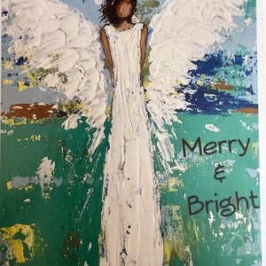 Angel Christmas card on quality paper stock with Merry &Bright wording. image 2
