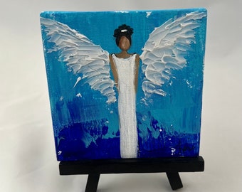 African American Angel painting on 4 x 4 canvas square panel