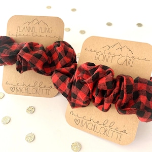 Bachelorette Party Favor Scrunchie-Mountain hair don&#39;t care bachelorette-flannel fling bachelorette favors-bridal party scrunchie favors