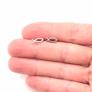 Silver Tiny Fish Earrings Fish Minimalist Stud Earrings Simple Wire Outline Ichthus Symbol Jesus Fish Christian Faith Earrings Cross Earring