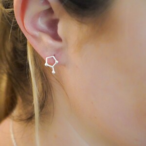 May include: Silver constellation earrings in the shape of a geometric pentagon with five small silver circles. The earrings are worn in a person's ear.
