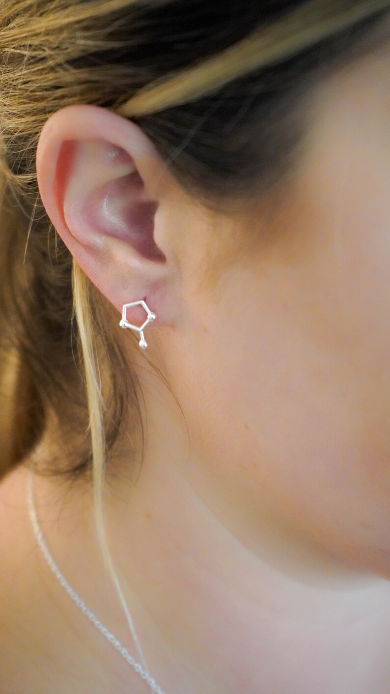 May include: Silver constellation earrings in the shape of a geometric pentagon with five small silver circles. The earrings are worn in a person's ear.