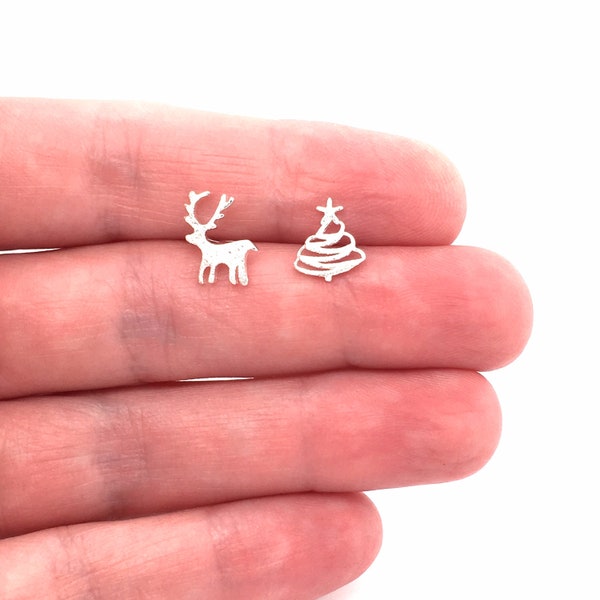 925 Sterling Silver Christmas Tree Earrings * Reindeer Studs Christmas Earrings Tiny Antler Earrings Christmas Gift Reindeer Earrings Xmas