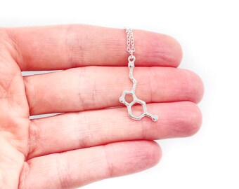 Serotonin Molecule Necklace Chemistry Necklace Hormone Serotonin Biochemistry Molecule Biology Student Gift Science Jewelry Happiness Silver