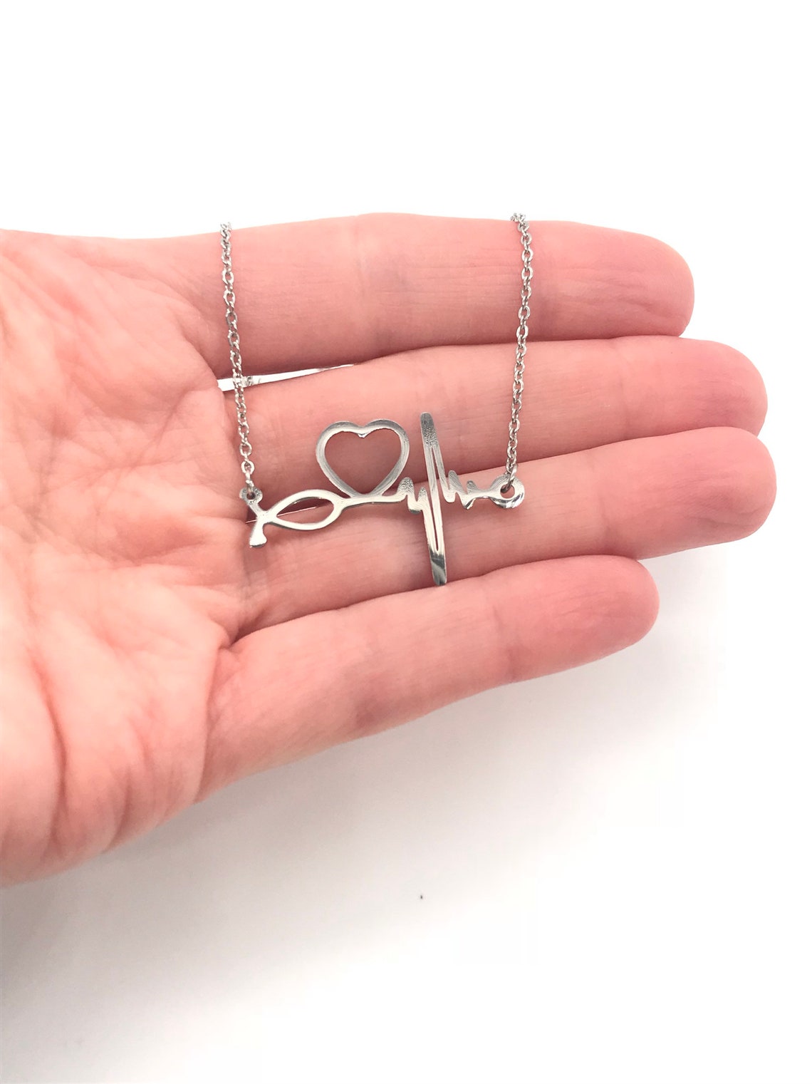 Sterling Silver Stethoscope Necklace Heartbeat Bar Necklace Etsy