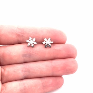 Könnte beinhalten: Ein Paar silberne Schneeflocken-Ohrstecker. Die Ohrringe sind klein und zart und wären ein tolles Geschenk für jemanden, der den Winter liebt.