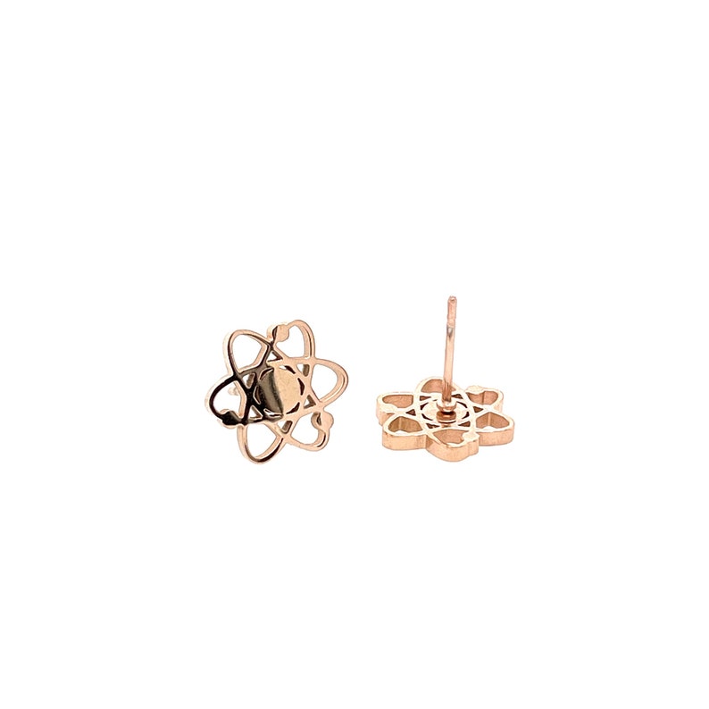 May include: A pair of rose gold atom earrings with a delicate design. The earrings are made of stainless steel and have a post back.