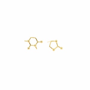 May include: A pair of gold-toned earrings shaped like a chemical molecule. The earrings are small and delicate.