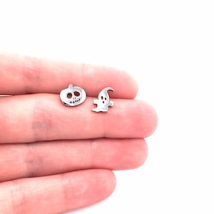 Tiny Ghost Stud Earrings * Pumpkin & Ghost Earrings Halloween Earrings Silver Pumpkin Small Gothic Earrings Casper Spooky Silver