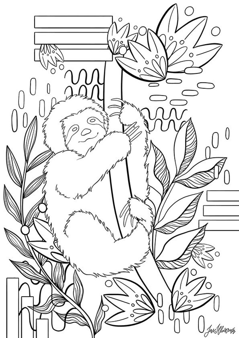 cute sloth printable colouring sheet digital art download etsy