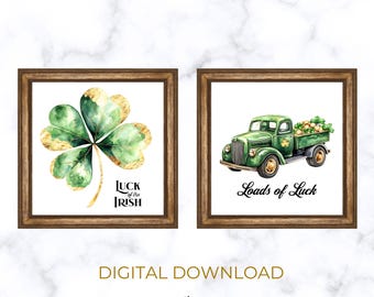 Irish Watercolor Prints: St. Patrick's Day Clover & Truck Art (Digital Download)