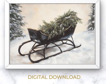 Black Sleigh Oil Painting Print | PRINTABLE Christmas Wall Art