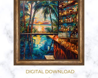 Vintage Tropical Summer Paradise Vacation Bar Painting Print | PRINTABLE Topical Wall Art | Tropical #1
