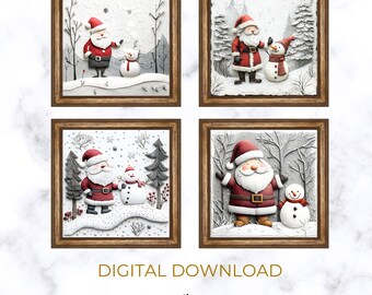 Santa and Snowman Christmas Prints: 3D Textured Winter Wall Art (Digital Download)