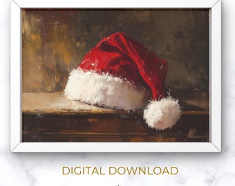 Santa Hat Oil Painting Print | PRINTABLE Christmas Wall Art