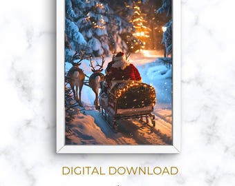 Vintage Santa Clause and Reindeer Print | PRINTABLE Christmas Wall Art | Holiday #6