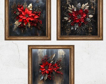 Christmas Floral Painting Prints | PRINTABLE Christmas Winter Wall Art-Set of Three