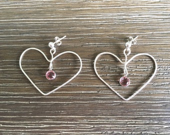 Hammered silver earrings, heart hoop earrings, heart dangle earrings, pink crystal dangle earrings, heart loop earrings, gift for her