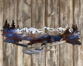 Heat-Treated Metal Mountain Scene Wall Art: Cabin Lodge Decor
