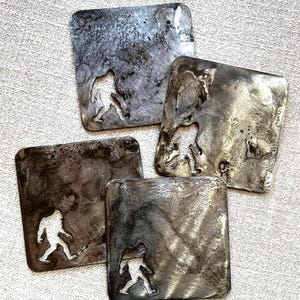 Metal Bigfoot Coasters: Sasquatch Lover Gift, Black Patina Finish
