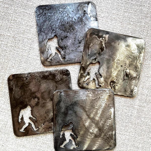 Metal Bigfoot Coasters: Sasquatch Lover Gift, Black Patina Finish