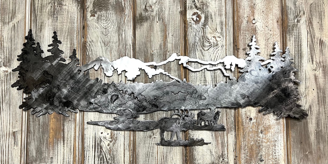 Metal Mountain Scene With Elk, Metal Wall Art, Metal Mountain Wall Art