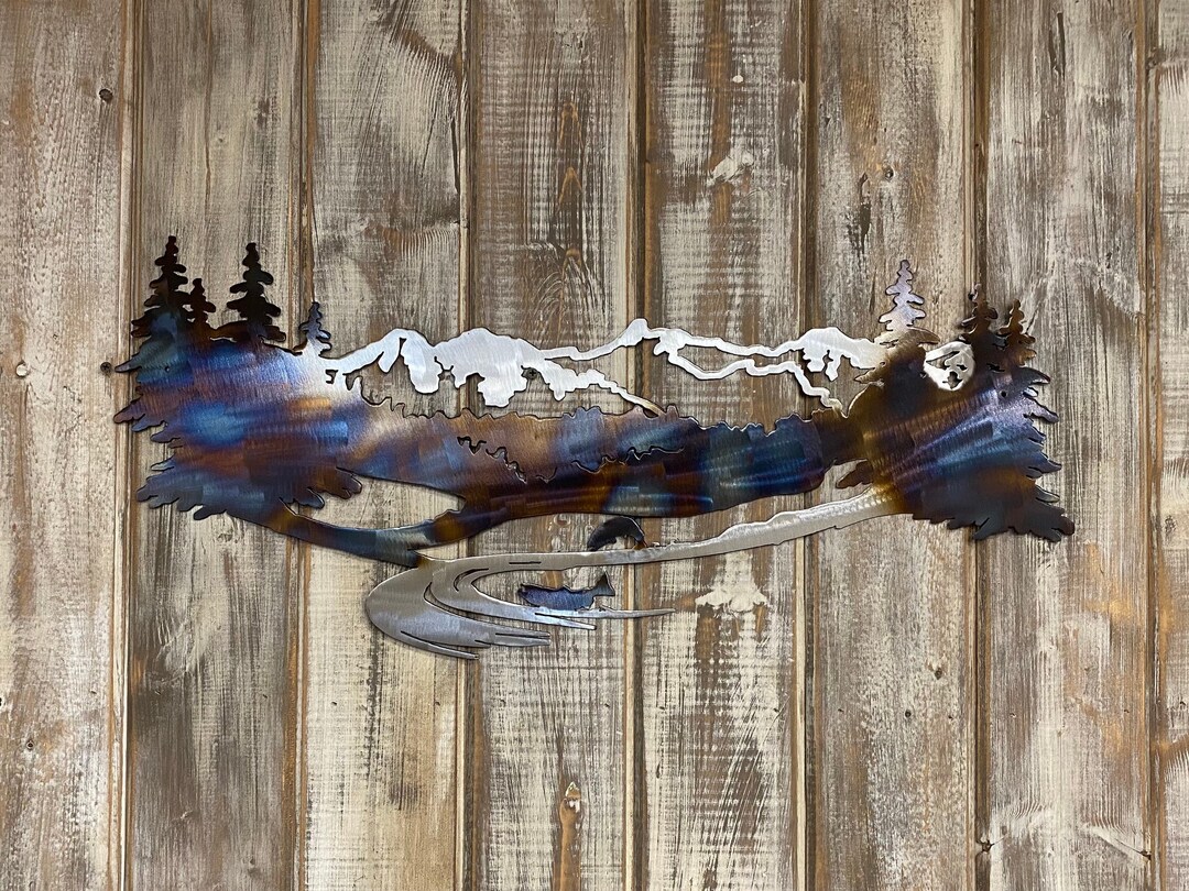 Metal Mountain Scene With Fish, Metal Wall Art, Metal Mountain Wall Art