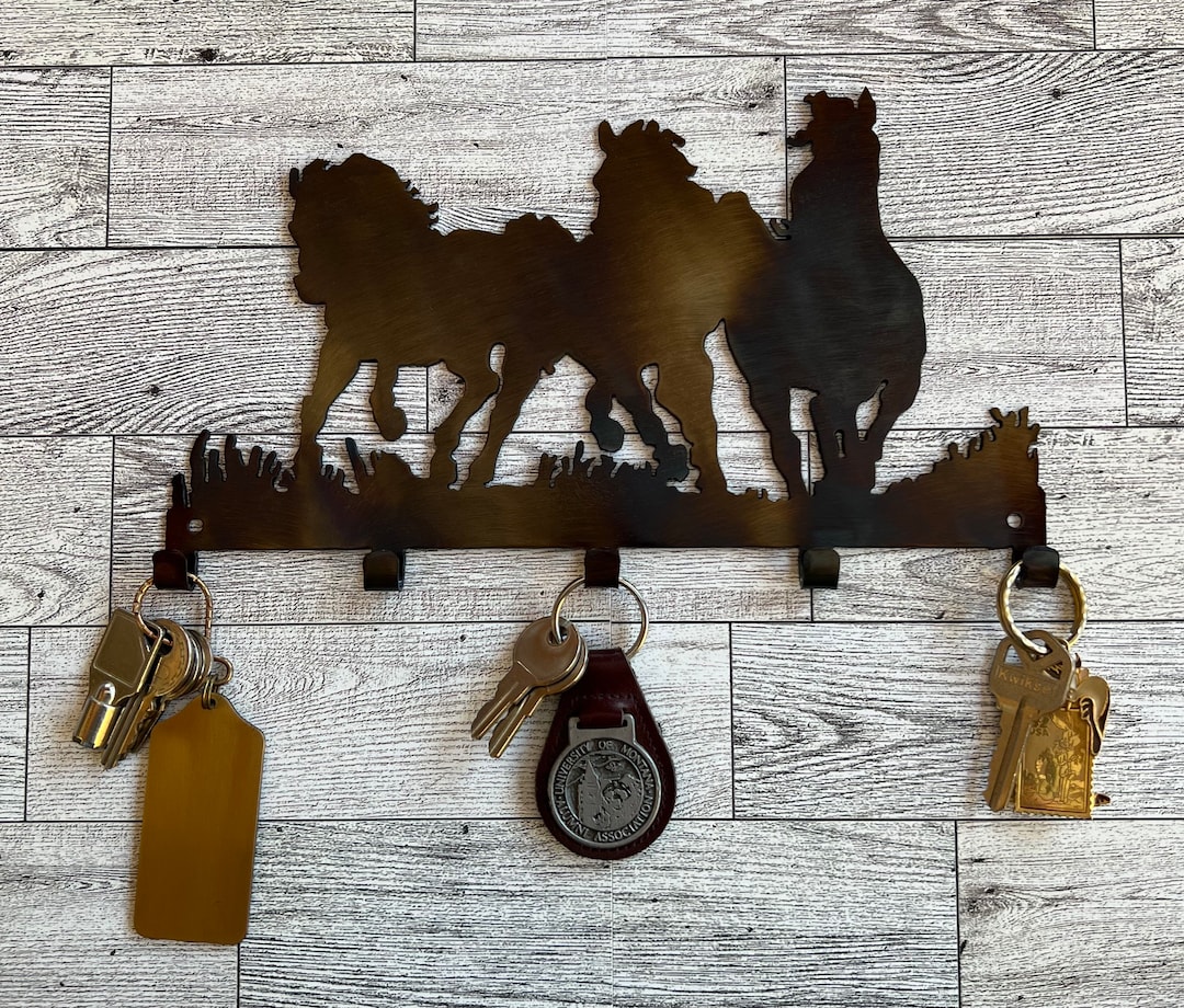 Horse Key Hanger, Heatcolored Metal Art, Running Horses Metal Art