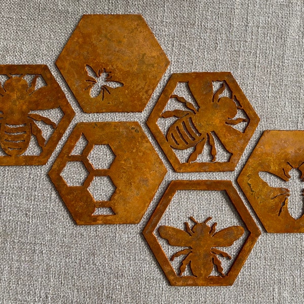 Large Honeycombs, Bee Garden Decor, Metal Art, Bees, Bees on Honeycomb, Garden Bee and Honeycomb, Metal Garden Bee, Garden Decor