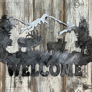 Metal Mountain Scene with Elk Welcome Sign, Mountain Wall Art, Metal Mountain Art, Metal Elk Wall Art, Cabin Decor, Lodge Decor
