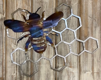 Metal Bee on Honeycomb: Heat-Treated Garden Decor