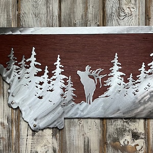 Trees and Elk, Pick your State, Customized Metal Art, Gift for Wildlife Lover, Gift for Elk Hunter, Outdoor Lover Decor, Metal Art