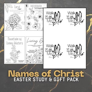 May include: A black and white Easter study and gift pack featuring coloring pages with floral illustrations and inspirational text. The pack includes the phrases "Lord", "Redeemer", "Fountain of Living Waters", and "Living God". Also included are "Walk With Me" cards.