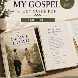 May include: A study guide titled "PREACH MY GOSPEL" with the text "STUDY GUIDE PDF" and "160+ PAGES." The guide is open to a page with the title "My Purpose as a Missionary." The cover shows an illustration of two men walking on a path.
