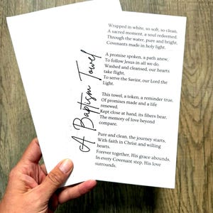 LDS Baptism Poem Card with Envelope | A Baptism Towel Keepsake | LDS Baptism Card | Child Baptism Gift Poem
