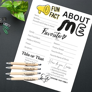 May include: A white paper with the text "FUN FACT ABOUT ME" and fill-in-the-blank sections. The paper includes a "This or That" section and a "How do you Learn" section. Five wooden pens with black tips are on the paper.