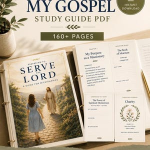 May include: A study guide PDF titled "Preach My Gospel" with the text "Study Guide PDF" and "160+ Pages." The guide includes sections on scripture study, missionary work, and the Book of Mormon. The cover features a woman walking towards Jesus.