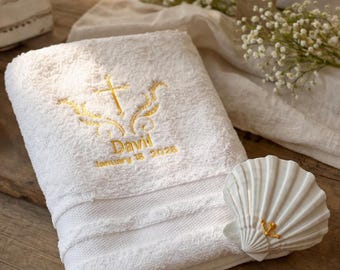 Baptism Towel and Seashell Gift Set | Christian Baptism Gift Baby | Embroidered Cross Hand Towel | Baptismal Shell | Pastor Towel Gift