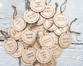 25 Names of Christ Ornaments, Wooden Jesus Advent Set with Book of Mormon Scripture, LDS Christmas and Easter Tree, Religious Family Gift