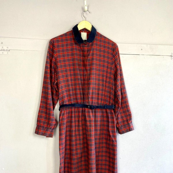 Vintage Day Dress UK16 Red Navy Check Cord Collar Belt St Michael Long Sleeve