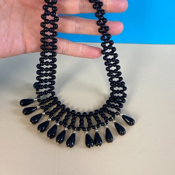 Vintage Beaded Choker Bib Necklace Black Costume Jewellery Statement Necklace