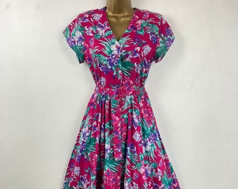 Vintage Floral Midi Dress, Pink, Button Down, A line, Pockets, UK 10-12, 80s