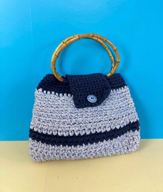 Mark Adam New York Knitted Handbag Blue Stripe Bamboo Hoop Top Handles Everyday Etsy