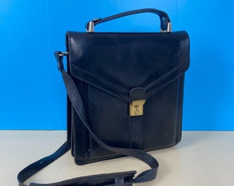 Vintage cuero bolso negro crossbody satchel carrera academia 80s 90s