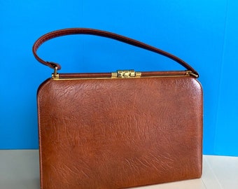 Vintage Leather Handbag Top Handle Brown Tan 1950s Made in England Fab Condition