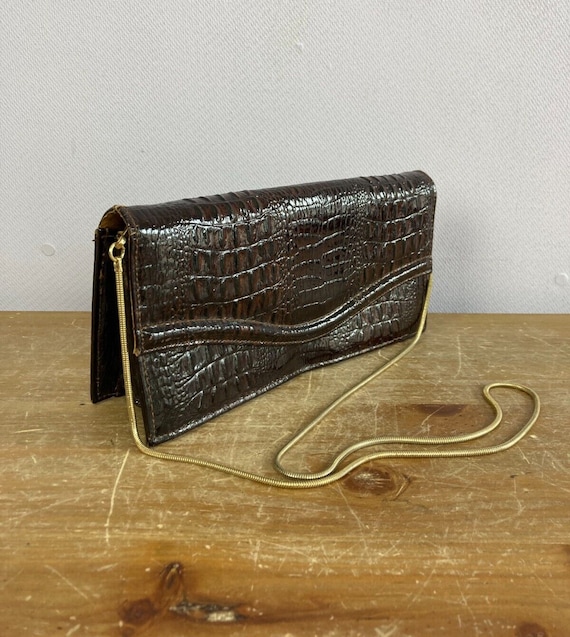 Vintage Mock Croc Brown Leather Handbag Shoulder … - image 2