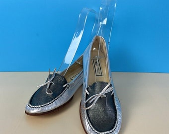 HB Shoes, Silver & Navy Leather Loafers, Moccasins, UK3.5, Low Heel, NEW UNWORN