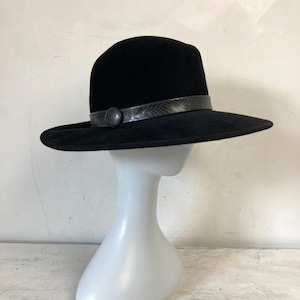 Vintage Black Fur Felt Fedora Hat Leather Trim Button Detail Made in England