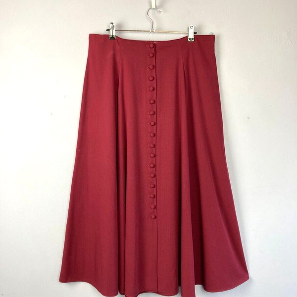 Vintage A Line Midi Skirt, Burgundy Red, UK 16, Button Down, 90s, Academia