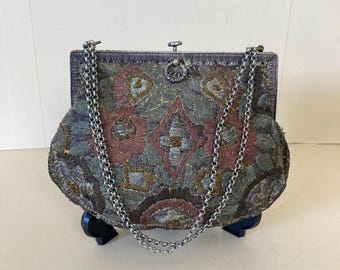 Vintage Antique 1920s Embroidered Handbag Purse Brown Green Chain Top Handle